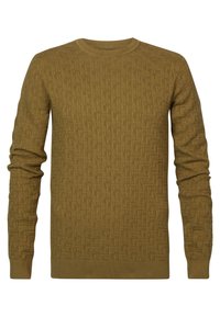 Gestructureerde mosterdkleurige trui met lange mouwen, ronde halslijn en ribbelboorden aan de mouwen en onderkant. Heeft een geweven patroon doorheen.