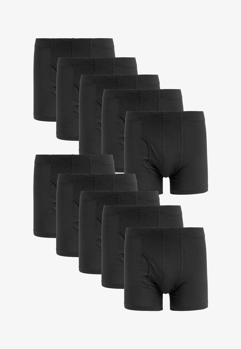 Boxeri scurți din bumbac negru cu o textură moale, având un design cu fața închisă și un elastic la talie, expuși într-un teanc de zece.