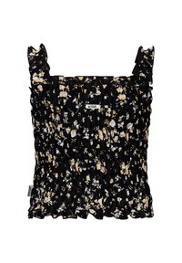 Schwarzes Floral-Top mit gerafften Trägern und einem smockartigen Design. Verziert mit weißen und gelben Blumen auf dunklem Hintergrund.