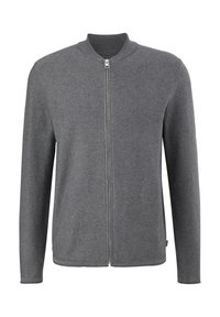 Giacca grigia con zip realizzata in un morbido tessuto a maglia. Presenta un collo rotondo e maniche lunghe con orlo piatto. Non ci sono motivi o dettagli visibili.