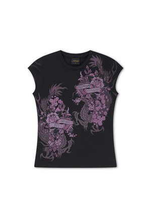 Zwart T-shirt met korte mouwen met paars bloem- en drakentatoeage-achtig ontwerp met rozen en tekstbanners met de tekst "Ed Hardy Tattoo City" en "Art Est. 1971".