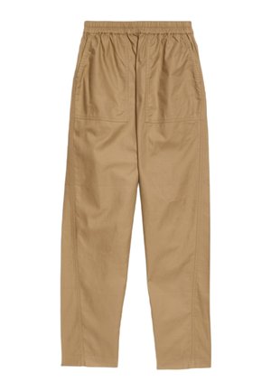 Pantalons en coton beige avec une taille élastique, comportant deux grandes poches avant, des jambes droites et une texture lisse.