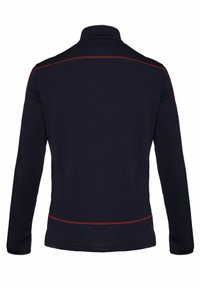 Pullover blu navy a maniche lunghe con colletto zip, caratterizzato da cuciture rosse a contrasto lungo la schiena e l'orlo per un tocco di dettaglio in più.