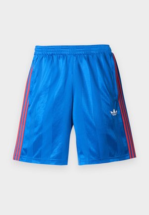 Μπλε αθλητικό σορτς με κόκκινες ρίγες στα πλάγια και λευκό λογότυπο Adidas στο αριστερό πόδι, με ελαστική μέση.