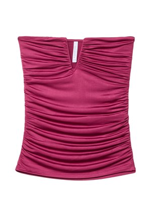 Tajt, ärmlös topp i texturerad fuchsiafärg med rynkade detaljer och V-ringning. Slätt, elastiskt material.