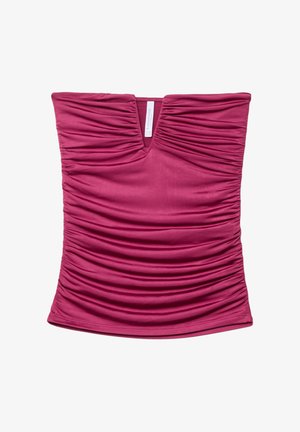 Top aderente senza maniche in tessuto fucsia texturizzato con dettagli arricciati e scollatura a V. Materiale morbido e elastico.