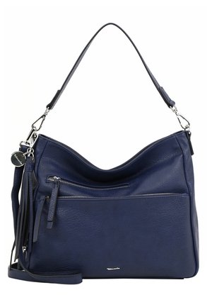 Navy blue leather shoulder bag with two zipped compartments, tassel charm, detachable strap, and silver hardware details.