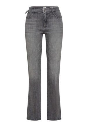 Graue, schmal geschnittene Jeans aus Denim, mit hohem Bund, Fünf-Taschen-Design und einem dezenten Verblassungsmuster. Abgeschlossen mit einem Metallknopfverschluss.