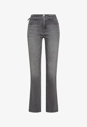 Graue, schmal geschnittene Jeans aus Denim, mit hohem Bund, Fünf-Taschen-Design und einem dezenten Verblassungsmuster. Abgeschlossen mit einem Metallknopfverschluss.