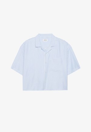 Camicia a maniche corte con bottoni in blu chiaro e righe bianche, con taschino sul petto e un design del colletto rilassato. Materiale in cotone.
