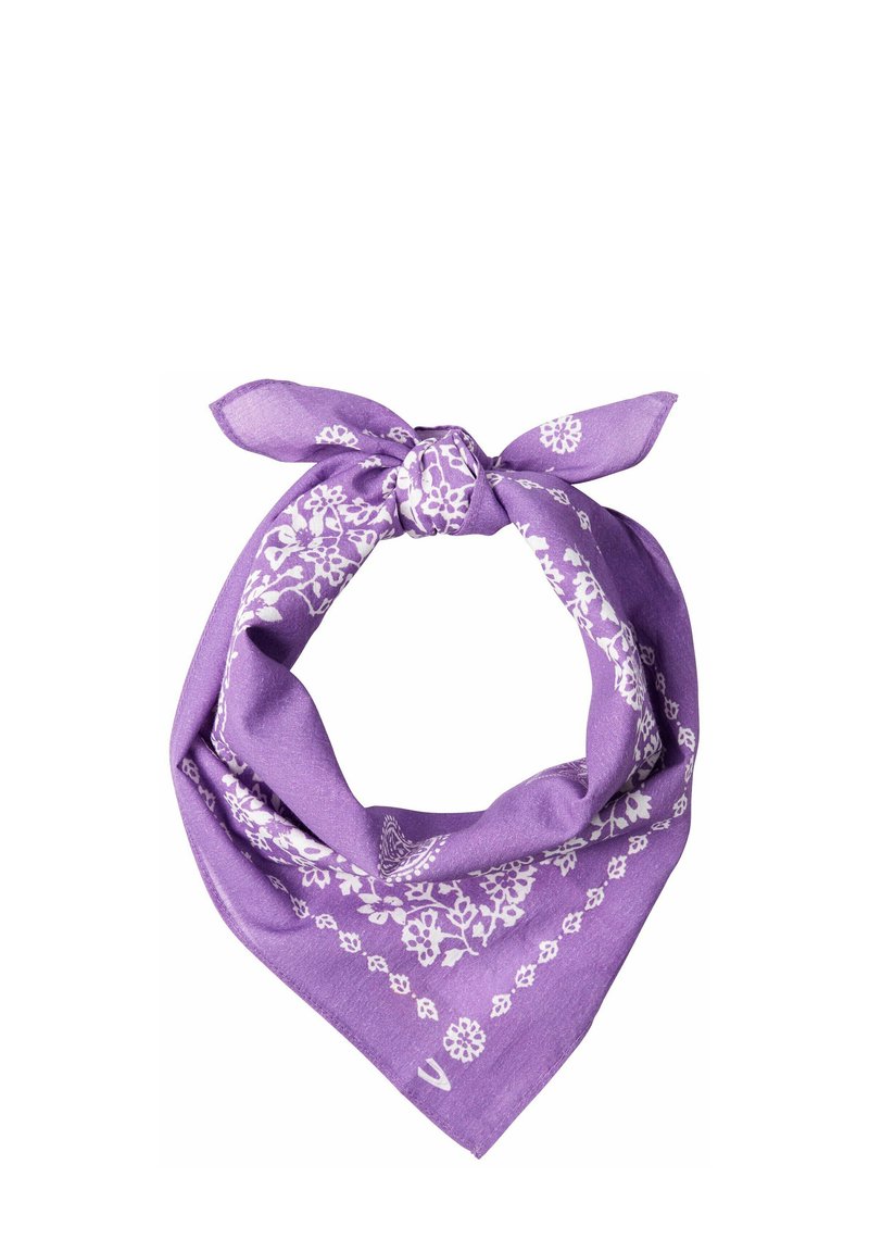 Lilla bandana lavet af stof, prydet med et hvidt blomster mønster og en knyttet bånd øverst. Trefoldet form med en glat tekstur.