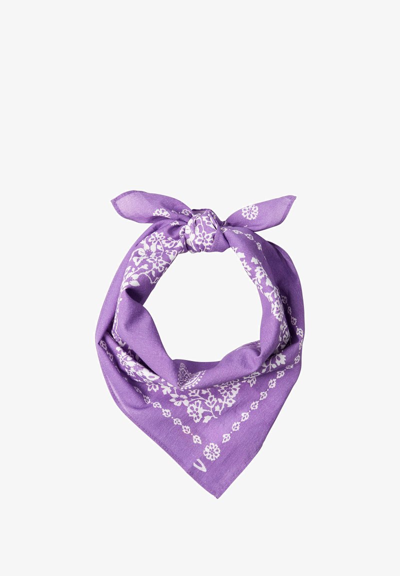 Lila Bandana aus Stoff, mit einem weißen Blumenmuster und einem geknoteten Band oben. Dreieckige Form mit glatter Textur.
