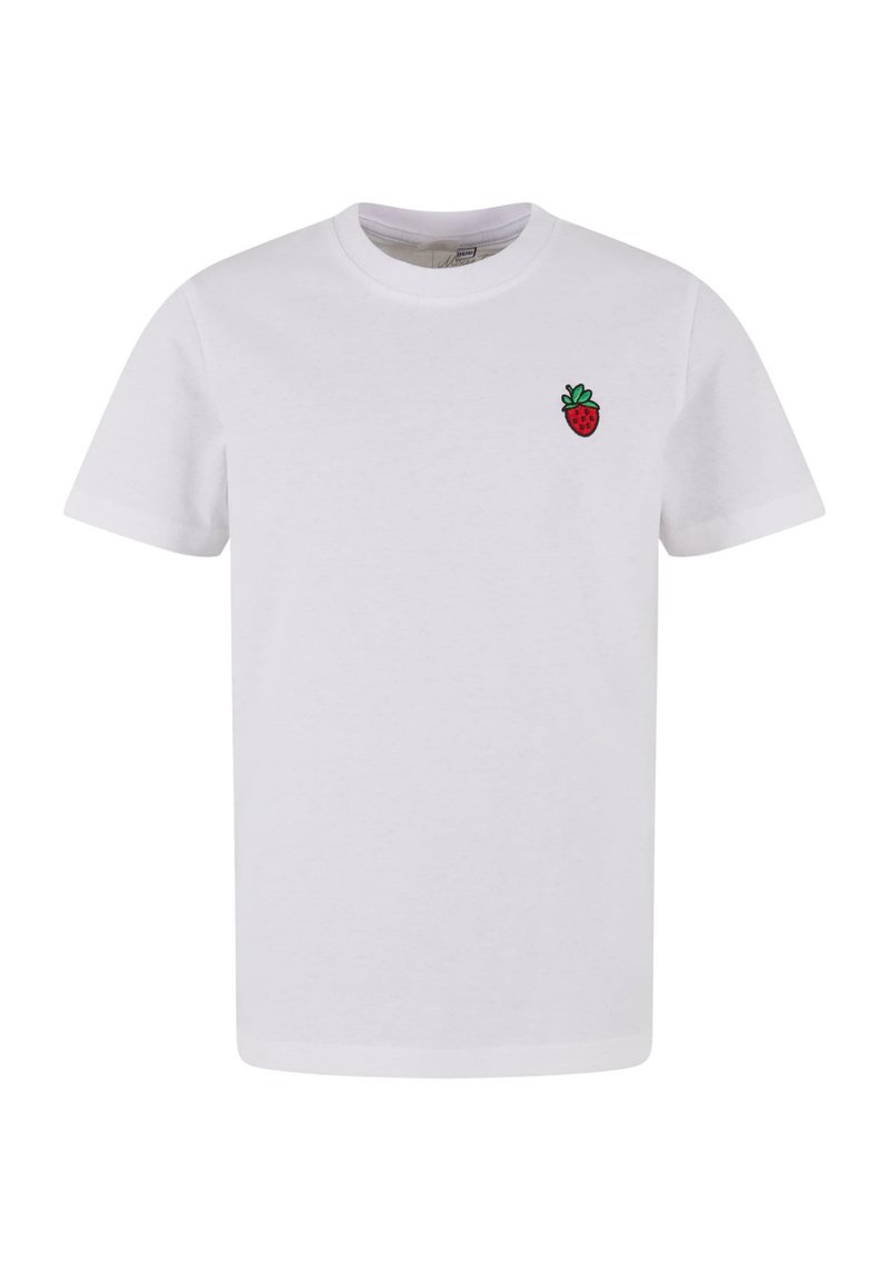 T-shirt en coton blanc avec des manches courtes et un petit motif brodé de fraise sur la poitrine gauche. Col rond et coupe décontractée.