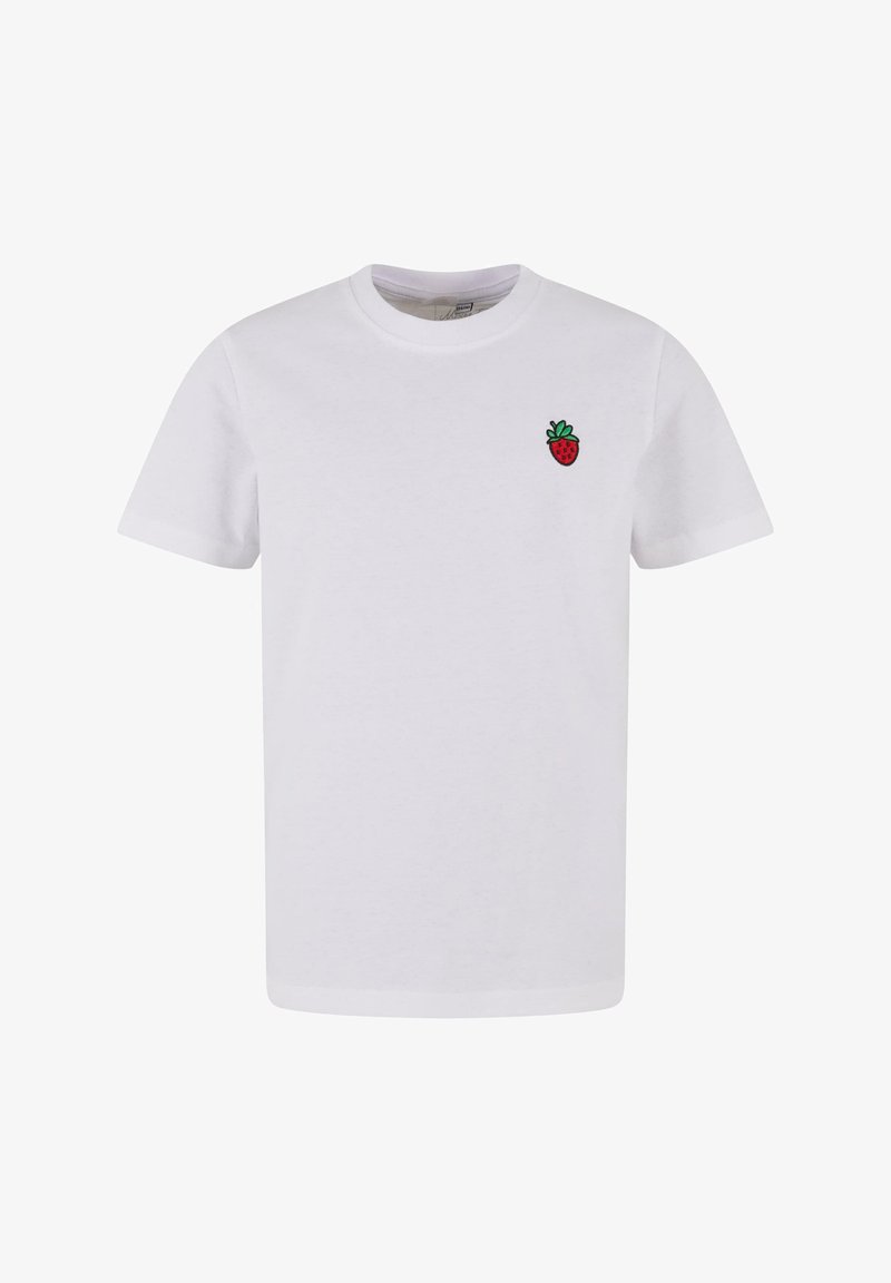 Baltos medvilnės marškinėliai, trumpomis rankovėmis, su mažuoju siuvinėtu braškių dizainu kairiajame krūtinės pusėje. Apvalus iškirpimas ir laisvas siluetas.