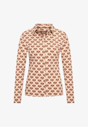 Camisa de manga larga hecha de tejido ligero, con un patrón floral marrón repetido sobre un fondo rosa claro y un cierre de botones en la parte delantera.
