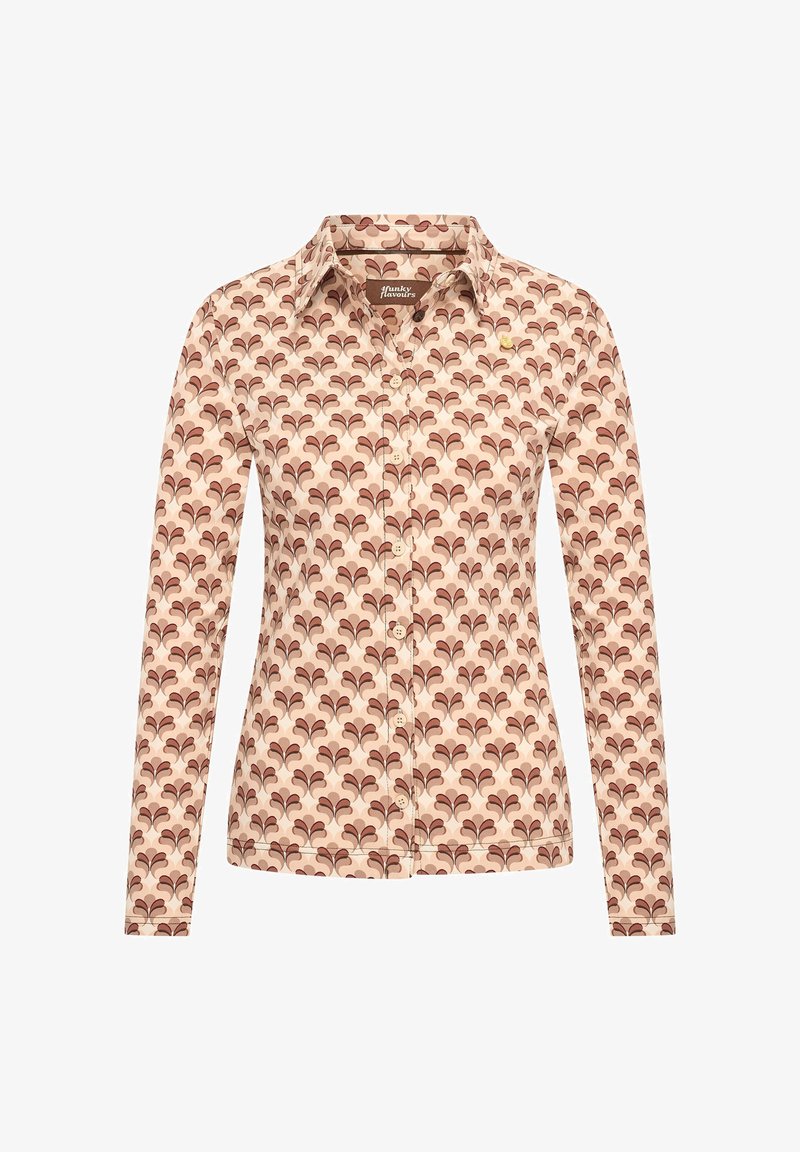 Langærmet skjorte lavet af let stof, med et gentagende brunt blomstermønster på en lys pink baggrund og en knap-lukning foran.