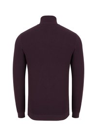 Lekki sweter z okrągłym dekoltem w głębokim burgundzie, z wysokim kołnierzem, długimi rękawami, ściągaczami przy mankietach i u dołu, z teksturowanej dzianiny.