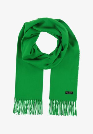 Sciarpa verde realizzata in un tessuto morbido e leggero, con una finitura a frangia alle estremità e un'etichetta nera con testo bianco.