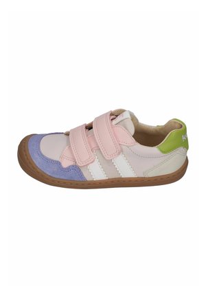 Children's casual sneaker with pink straps, purple toe cap, white and beige sides, green heel tab, and brown rubber sole.