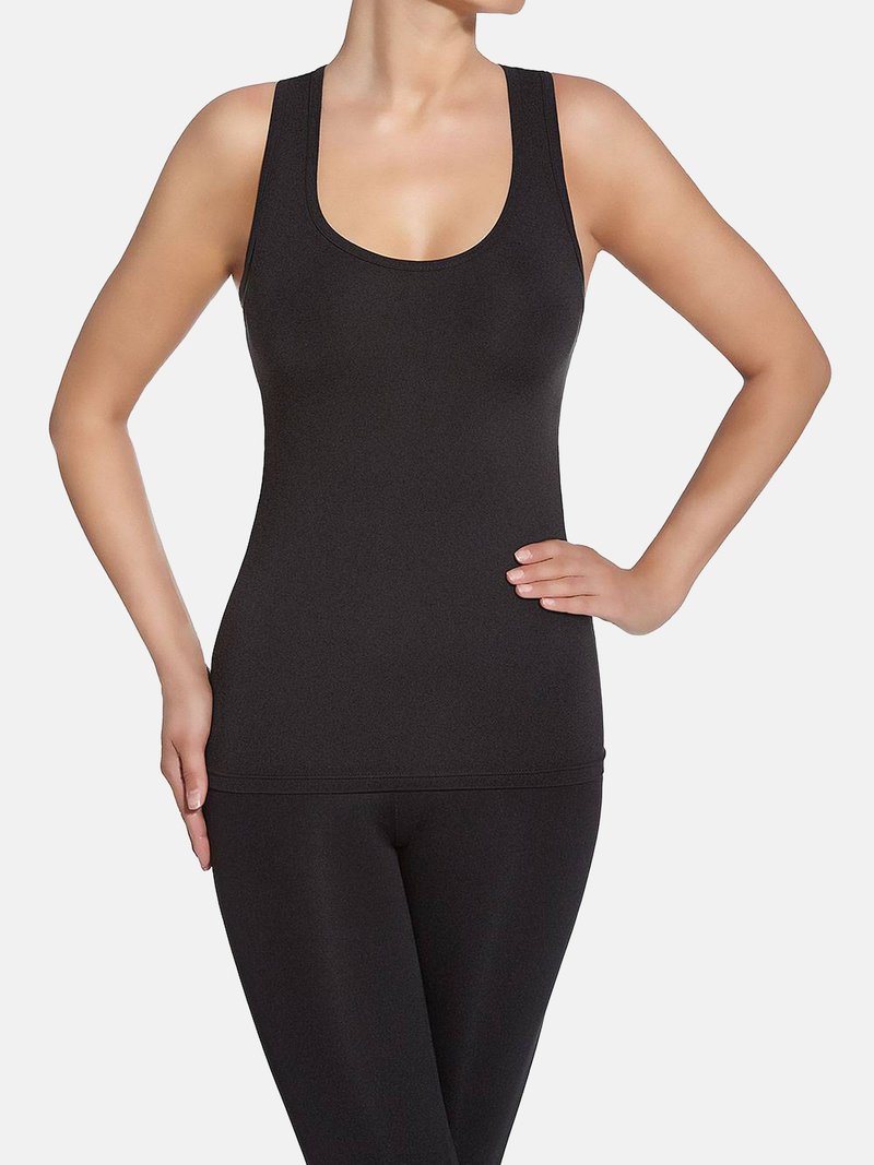 Czarna bezrękawnik z dekoltem w serek i dopasowanym krojem. Wykonana z gładkiego, elastycznego materiału zapewniającego komfort i swobodę ruchów.