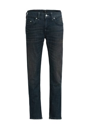 Dunkelblaue Jeans aus Denim mit geradem Schnitt, fünf Taschen und Knopfverschluss. Der Stoff zeigt eine leichte Textur mit dezenten Verblassungseffekten.