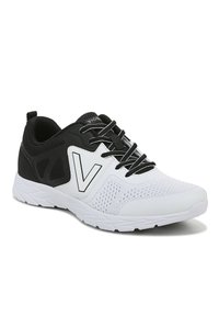 Schwarz-weißer Sportschuh mit einem Obermaterial aus Mesh, Gummisohle, kontrastierenden Akzenten und Logo. Verfügt über eine Schnürung und einen gepolsterten Kragen.