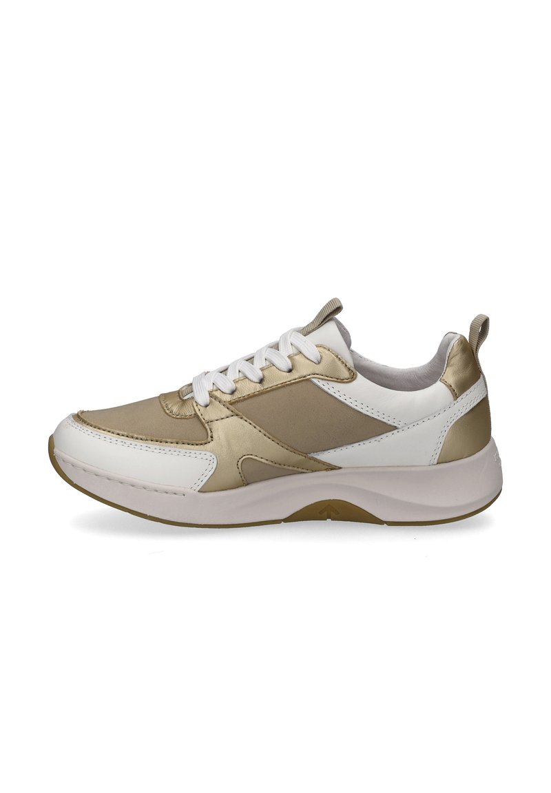 Athletic shoes in gold and white with a mesh upper, leather accents, contrasting stitching, and a textured rubber sole.