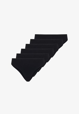 Sei slip bikini neri senza cuciture, a taglio alto, disposti in pila sfalsata su sfondo bianco.