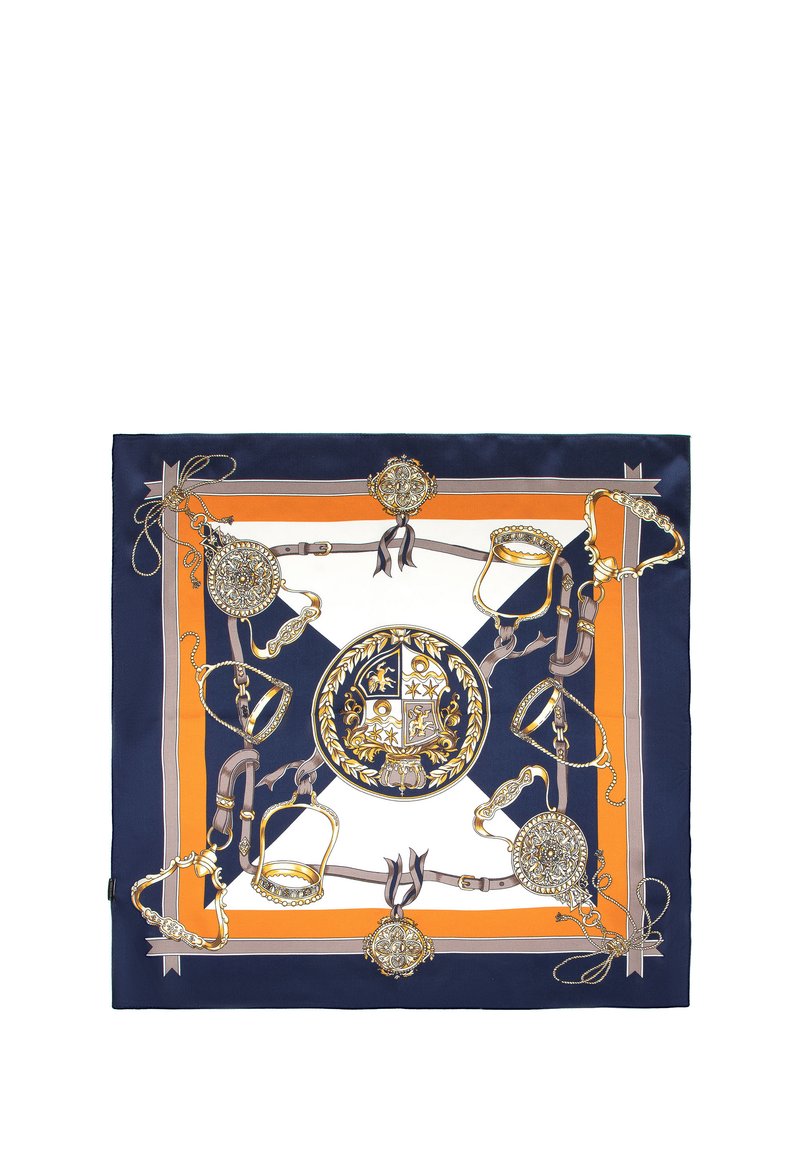 Foulard en soie avec un fond bleu marine et des bordures orange et blanches. Le design central comprend du matériel doré et des motifs complexes.