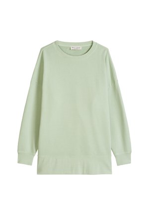 Gaismas zaļa garām piedurknēm kreklveida džemperis ar ribas aprocēm un apakšu, attēlots izklāts uz balta fona.