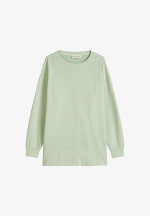 Bluză cu mânecă lungă de culoare verde deschis, cu gât rotund, manșete și tiv striate, afișată plat pe un fundal alb.