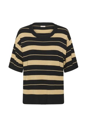 Pull en tricot à manches courtes avec de larges rayures horizontales noires et beiges et un col ras du cou côtelé.
