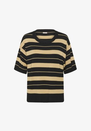Pulover s kratkimi rokavi iz pletene tkanine z širokimi črnimi in bež vodoravnimi črtami ter rebrastim okroglim izrezom.