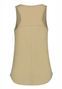 Beige sleeveless top made of smooth fabric, featuring a rounded hem, back seam detailing, and wide armholes. Minimalist design.