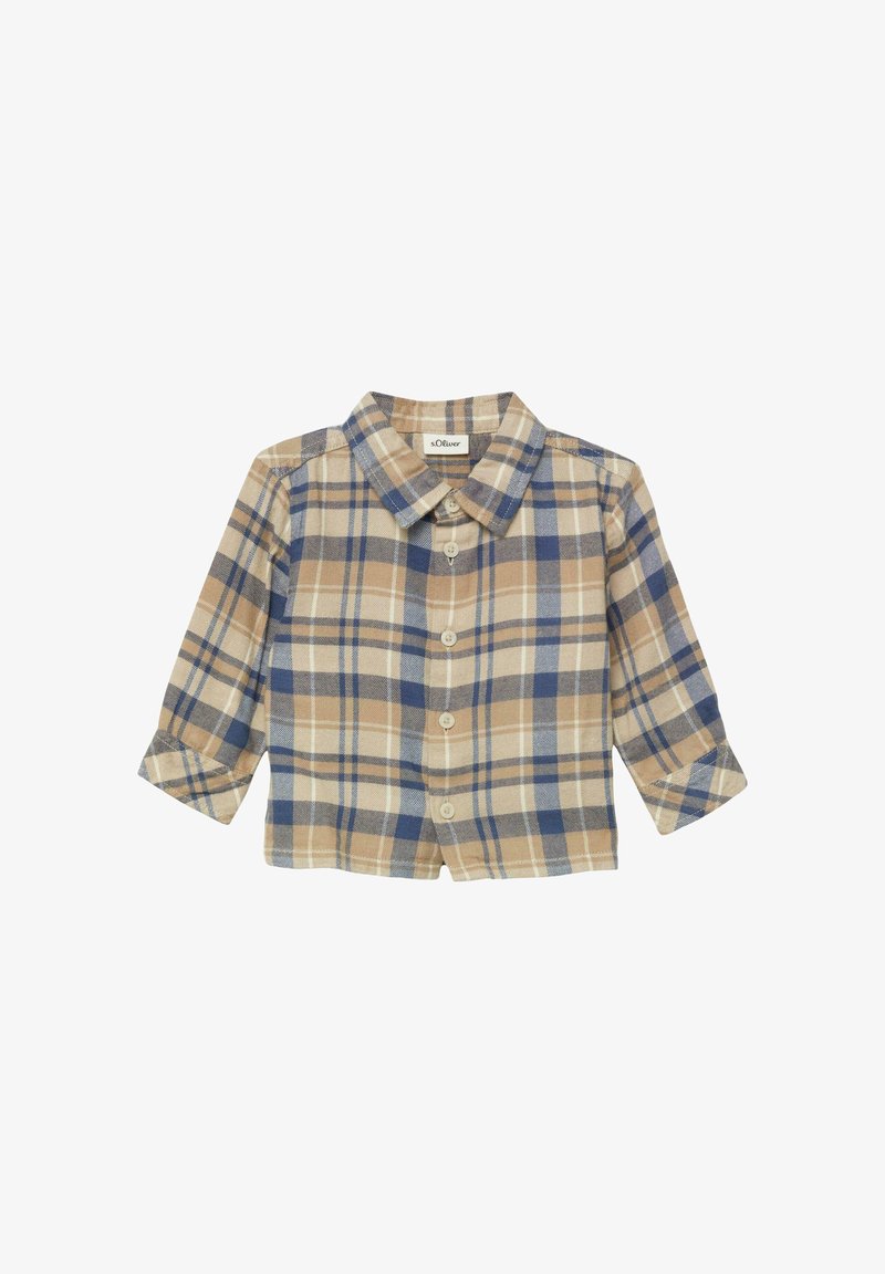 Chemise à carreaux marron et bleu en tissu doux, avec col, manches longues à poignets boutonnés et fermeture à boutons sur le devant.