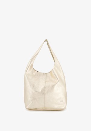Metallic gold shoulder bag with a soft, slouchy silhouette, featuring a single curved strap and a seam detail on the front.