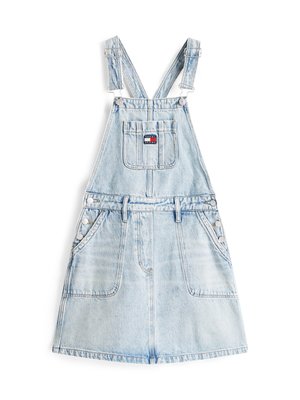 Jeanslatzhosenkleid in Hellblau mit verstellbaren Trägern, einer quadratischen Tasche, zwei Fronttaschen und Knopfdetails an den Seiten.