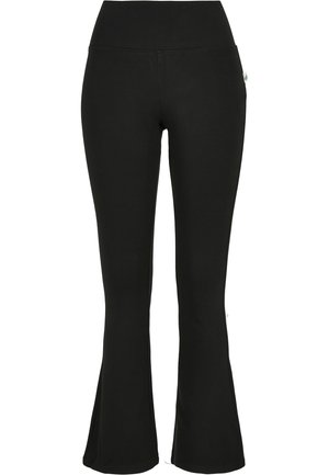 Black high-waist yoga pants with a wide waistband and slightly flared legs, made of smooth, stretch fabric.