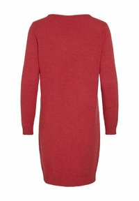 Robe tricotée rouge avec des manches longues, un col rond, et des poignets et un ourlet côtelés. Texture lisse, tombant à mi-cuisse.