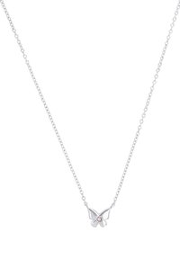 Collana in argento con ciondolo a forma di farfalla con un gemma rosa centrale. Texture liscia, collegamenti delicati e design minimalista.