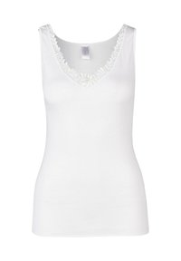 White sleeveless tank top with a V-neckline adorned with lace trim along the edges, made of a smooth, stretchy fabric.