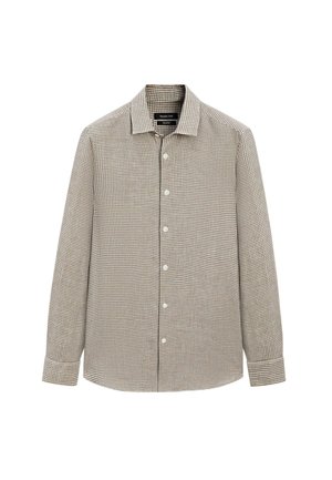 Langærmet skjorte med knapper, små tern i brunt og hvidt, klassisk krave og manchet med knapper.