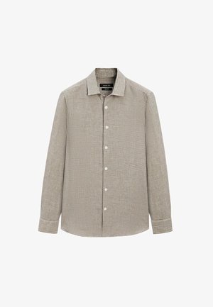 Langærmet skjorte med knapper, små tern i brunt og hvidt, klassisk krave og manchet med knapper.