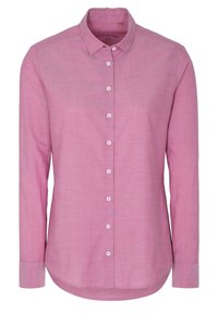 Růžová dlouhá košile s dlouhým rukávem vyrobená z lehkého materiálu. Má zapínání na knoflíky, klasický límeček a zakřivený spodní lem s kterouknoflíky.