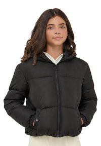 Giacca a vento nera con cappuccio, dotata di zip frontale, polsini elasticizzati e tasche laterali. Il design trapuntato offre un aspetto testurizzato.
