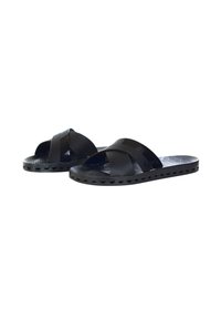 Sandali neri slip-on con design a fascia incrociata, realizzati in gomma liscia, con una soletta testurizzata e suole piatte con motivo.