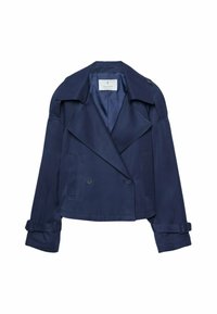 Granatowy, krótki trencz z podwójnymi guzikami, dużymi klapami i regulowanymi mankietami. Wykonany z gładkiego materiału. Podszewka wewnętrzna.