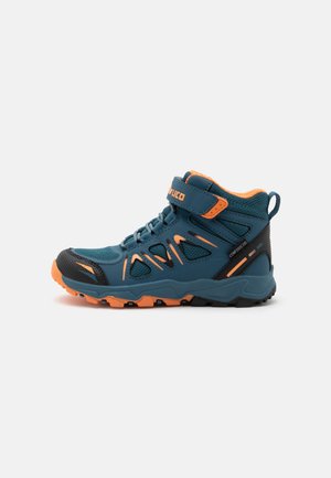 Blue and orange children's high-top hiking shoe with Velcro strap, laces, breathable mesh panels, and rugged sole.