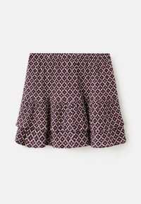 Vijolična krila z večplastnim dizajnom, ki vključujejo patterned tkanino v sivkasto in kremnih tonih, elastični pas ter detajli z robom.