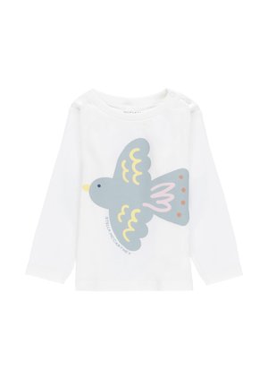 Camicia bianca a maniche lunghe con una grande grafica di un uccello grigio, arricchita da accenti rosa e gialli. Realizzata in tessuto morbido e liscio.